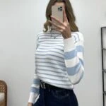 KAYIK YAKA ÇİZGİLİ KAZAK - MAVİ