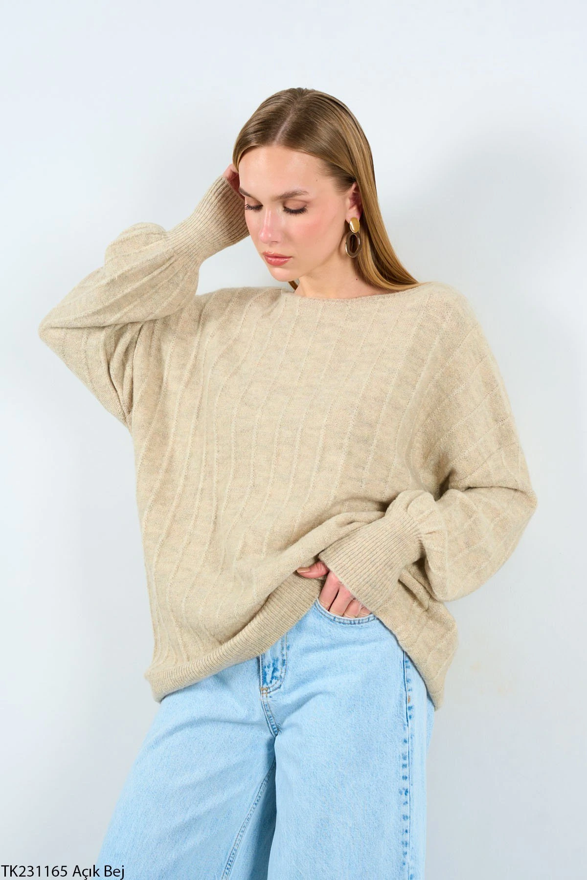 KAYIK YAKA DOKUMA DETAY SALAŞ KAZAK - AÇIK BEJ - Görsel 1