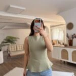 KAYIK YAKA ETEĞİ ÇAN PAMUK LİKRA BLUZ - ÇAĞLA YEŞİLİ