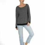 KAYIK YAKA ETEK YIRTMAÇ ÇİZGİLİ TRİKO - SİYAH KREM