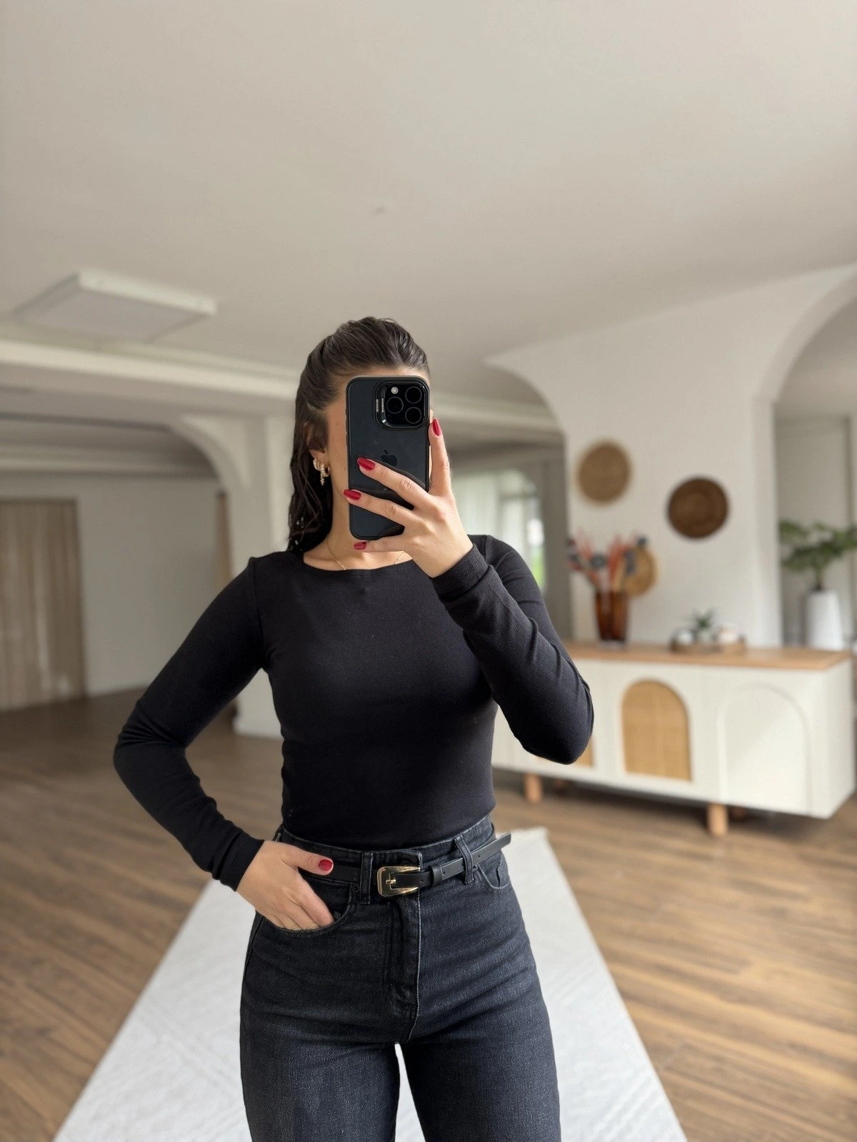 KAYIK YAKA MODAL PAMUK UZUN KOL BLUZ - SİYAH - Görsel 1