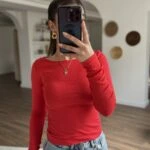 KAYIK YAKA MODAL PAMUK UZUN KOL BLUZ - KIRMIZI