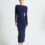 KAYIK YAKA VİSKON FİTİLLİ UZUN TRİKO ELBİSE - LACİVERT