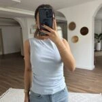 KAYIK YAKA YAN BÜZGÜ PAMUK LİKRALI ATLET - AÇIK MAVİ