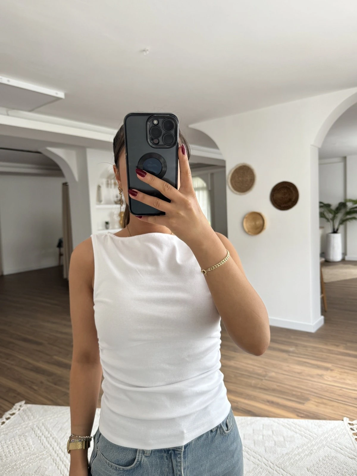 KAYIK YAKA YAN BÜZGÜ PAMUK LİKRALI ATLET - BEYAZ - Görsel 1