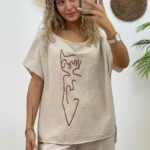 KEDİ BASKI SALAŞ BLUZ PANTOLON PAMUK TAKIM - TAŞ