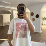 KEDİ BASKI SALAŞ PAMUK TİŞÖRT - BEYAZ