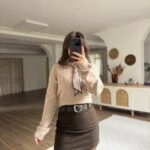 KEMERLİ MİNİ YÜN KARIŞIM KALEM ETEK - KAHVE