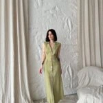 KEMİK DÜĞME ASTARLI PAMUK KETEN ELBİSE - HAKİ