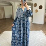 KEMİK DÜĞME BALON KOL DESENLİ UZUN PAMUK GÖMLEK ELBİSE - LACİVERT