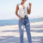 KESİK PAÇA YIKAMALI MOM JEAN - MAVİ