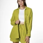 KETEN ÇİFT CEP GÖMLEK+ CEPLİ YAN YIRTMAÇ ŞORT TAKIM - OLİVE