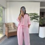 KETEN VİSKON GÖMLEK BALON PANTOLON TAKIM - PEMBE