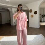 KISA KOL BEL BAĞCIKLI KOL KATLI VİSKON GÖMLEK PANTOLON TAKIM - PEMBE