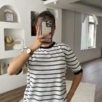 KISA KOL ÇİZGİLİ BASİC VİSKON TRİKO - EKRU LACİVERT