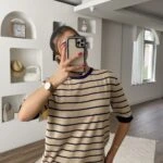 KISA KOL ÇİZGİLİ BASİC VİSKON TRİKO - CAMEL LACİVERT