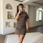 KISA KOL PAMUK LEOPAR DESEN ELBİSE - KAHVE