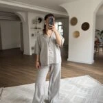 KISA KOL V YAKA SALAŞ GÖMLEK PANTOLON PAMUK KETEN TAKIM - GRİ