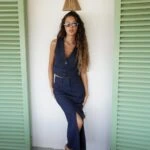 KISA MASKÜLEN YELEK ÖN YIRTMAÇ ÇİZGİLİ MİDİ ETEK TAKIM - LACİVERT