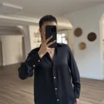 KLASİK SATEN V YAKA GÖMLEK - SİYAH