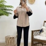 KOL DÜĞMELİ ÇİFT RENK GÖMLEK - BEJ