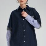 KOL GARNİLİ DANTEL DETAY CEP ETİKET OVERSİZE JEAN GÖMLEK - LACİVERT
