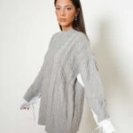 KOL GARNİLİ ÖRGÜLÜ UZUN SALAŞ KAZAK - GRİ