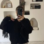 KOL İP PÜSKÜÜL SELANİK DOKUMA BİSİKLET YAKA KAZAK - SİYAH