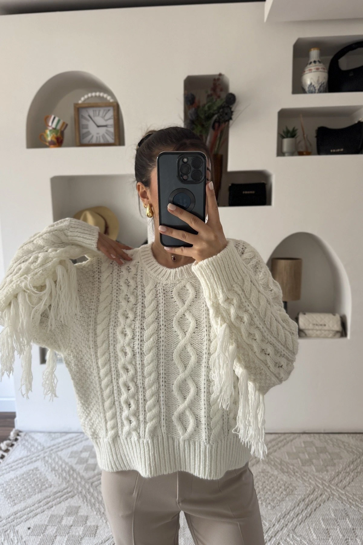 KOL İP PÜSKÜÜL SELANİK DOKUMA BİSİKLET YAKA KAZAK - EKRU - Görsel 1