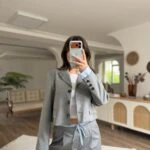 KOL KUMAŞ DETAY VİSKON PAMUK KISA CEKET - GRİ