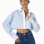 KOL SIRA DÜĞMELİ ÇİZGİLİ CROP GÖMLEK - MAVİ