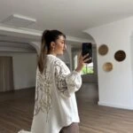 KOL SIRT RENKLİ NAKIŞ İŞLEME VİSKON KETEN KİMONO - NATUREL