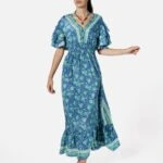 KOL VE ETEK UCU KATLI BEL LASTİKLİ ELBİSE - YEŞİL