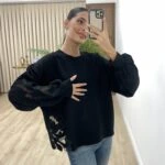 KOL VE ETEK UCU NAKIŞLI PAMUK SWEAT - SİYAH