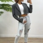 KOL VE TEK UCU KESİK CROP CEKET - FÜME