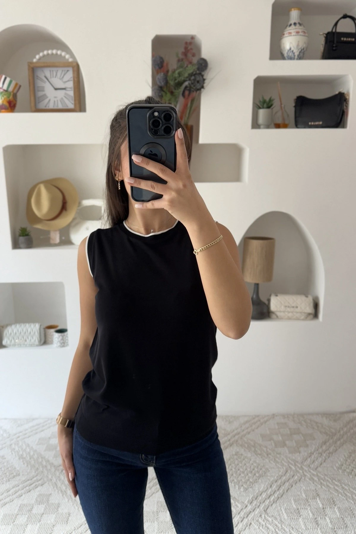 KOL VE YAKA BİYELİ SIFIR KOL VİSKON TRİKO - SİYAH EKRU - Görsel 1