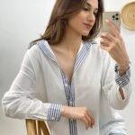 KOL VE YAKA ÇİZGİ DETAY PAMUK KETEN GÖMLEK - BEYAZ