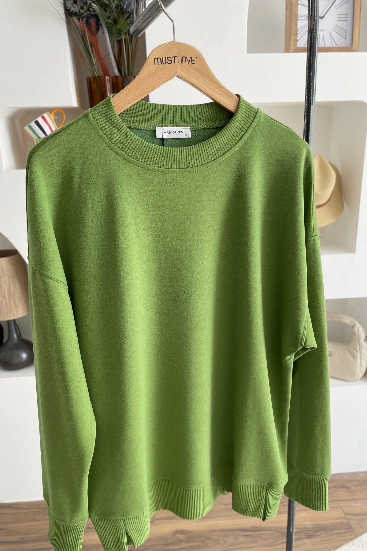 KOL VE YAKA DOKUMA BİSİKLET YAKA PAMUK SWEAT - ÇİMEN YEŞİLİ - Görsel 1