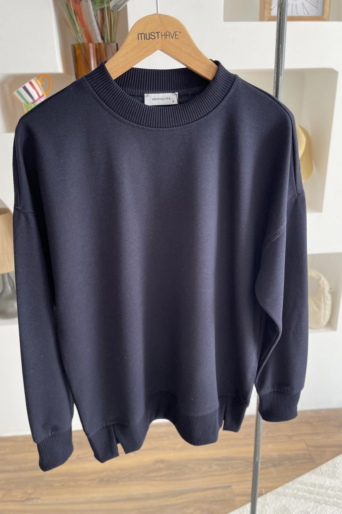 KOL VE YAKA DOKUMA BİSİKLET YAKA PAMUK SWEAT - LACİVERT - Görsel 1