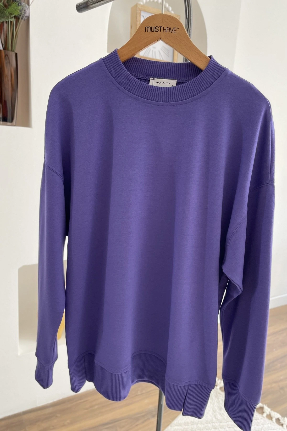 KOL VE YAKA DOKUMA BİSİKLET YAKA PAMUK SWEAT - MOR - Görsel 1