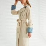 KOL VE YAKA JEAN DETAY MAXİ BOY TRENÇKOT - TAŞ