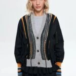 KOL VE YAKA RENKLİ TRİKO İP PÜSKÜL DÜĞMELİ İNCE CEKET - SİYAH