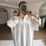 KOL VE YAN ÇİÇEK KUŞ NAKIŞ PAMUK SALAŞ GÖMLEK - EKRU