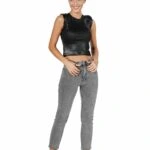 KOLSUZ VARAK BASKI DİK YAKA CROP - SİYAH