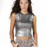 KOLSUZ VARAK BASKI DİK YAKA CROP - BRONZ