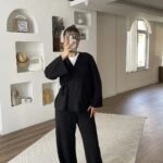 KRUVAZE BAĞLAMA CEKET BOL PAÇA PANTOLON TRİKO TAKIM - SİYAH