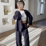 KRUVAZE BAĞLAMA CEKET BOL PAÇA PANTOLON TRİKO TAKIM - LACİVERT