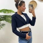 KRUVAZE ÇİZGİLİ CROP CEKET - LACİVERT