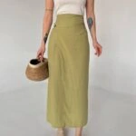 KRUVAZE KAPAK DÜĞME PAMUK MİDİ ETEK - HAKİ