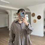 KUMAŞ DÜĞME ÇİZGİLİ GENİŞ MANŞET OVERSİZE VİSKON GÖMLEK - CAMEL LACİVERT